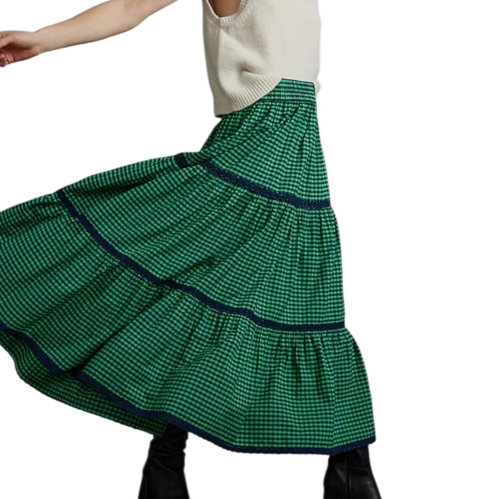 Anthropologie Green and Black Tiered Gingham Checkered Maxi Skirt - Picture 6 of 6
